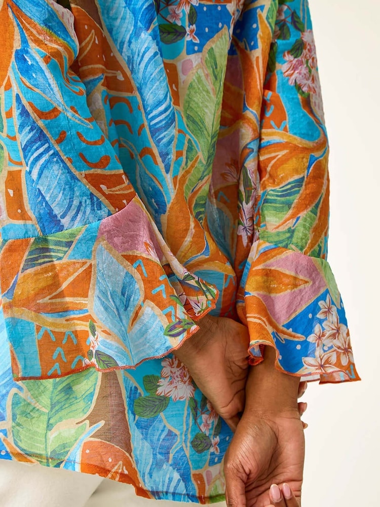 Roman Orange Tropical Print Frill Sleeve Blouse - Image 5 of 5