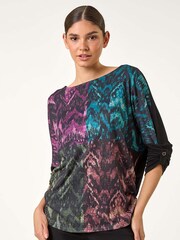 Roman Black Colour Block Print Stretch Sleeve Blouse - Image 1 of 5