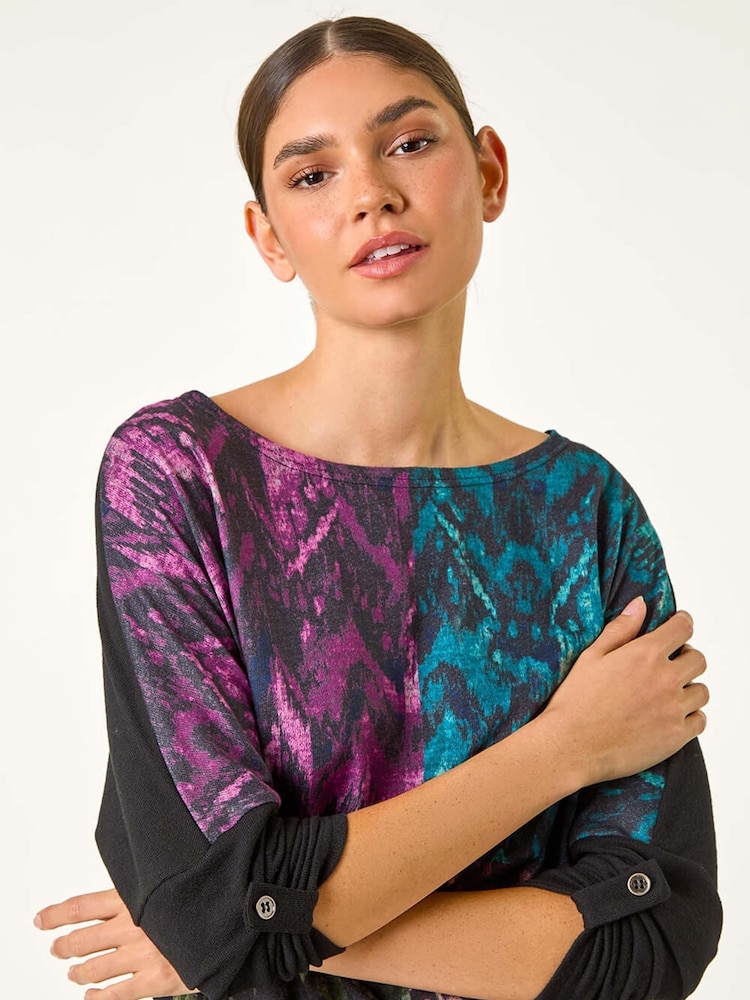 Roman Black Colour Block Print Stretch Sleeve Blouse - Image 2 of 5