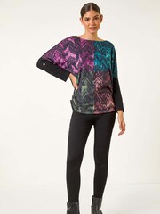 Roman Black Colour Block Print Stretch Sleeve Blouse - Image 3 of 5