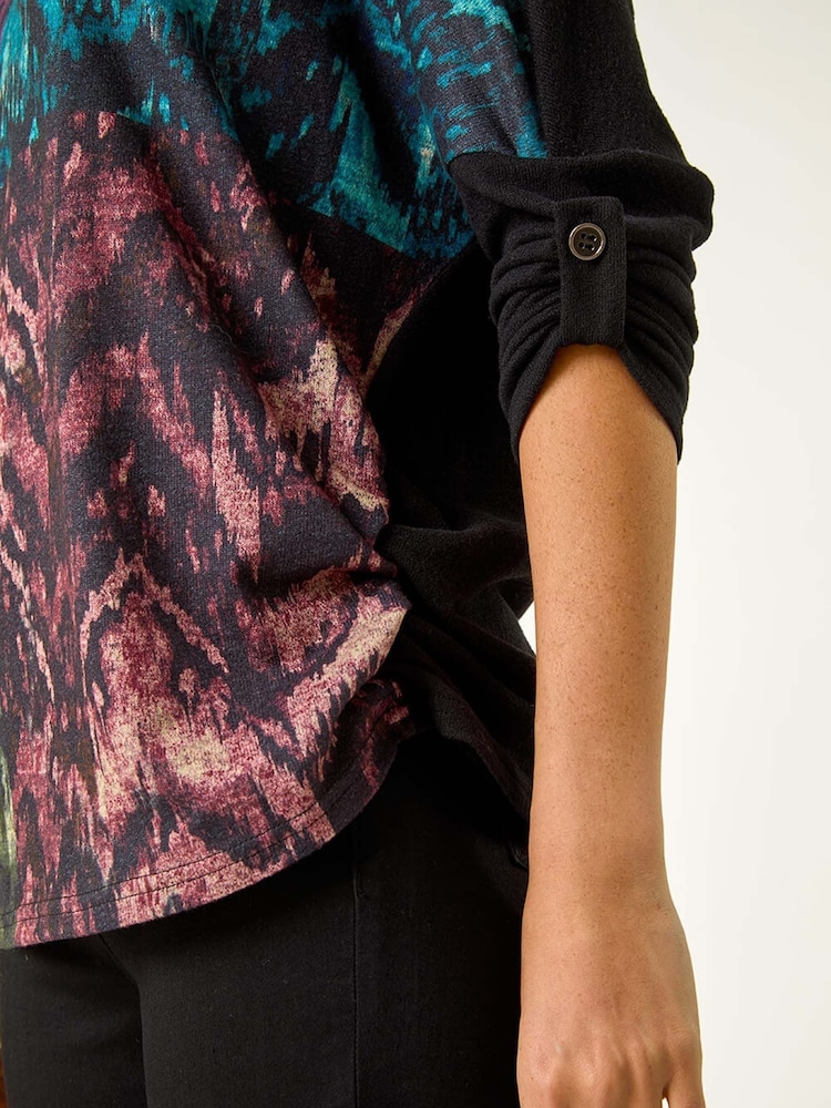 Roman Black Colour Block Print Stretch Sleeve Blouse - Image 5 of 5