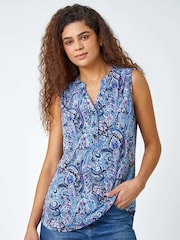 Roman Blue Paisley Print Sleeveless Stretch Blouse - Image 1 of 5