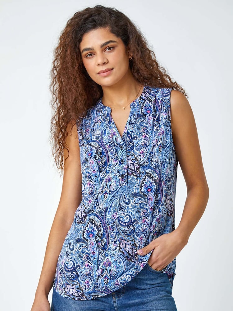 Roman Blue Paisley Print Sleeveless Stretch Blouse - Image 1 of 5