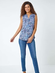 Roman Blue Paisley Print Sleeveless Stretch Blouse - Image 3 of 5