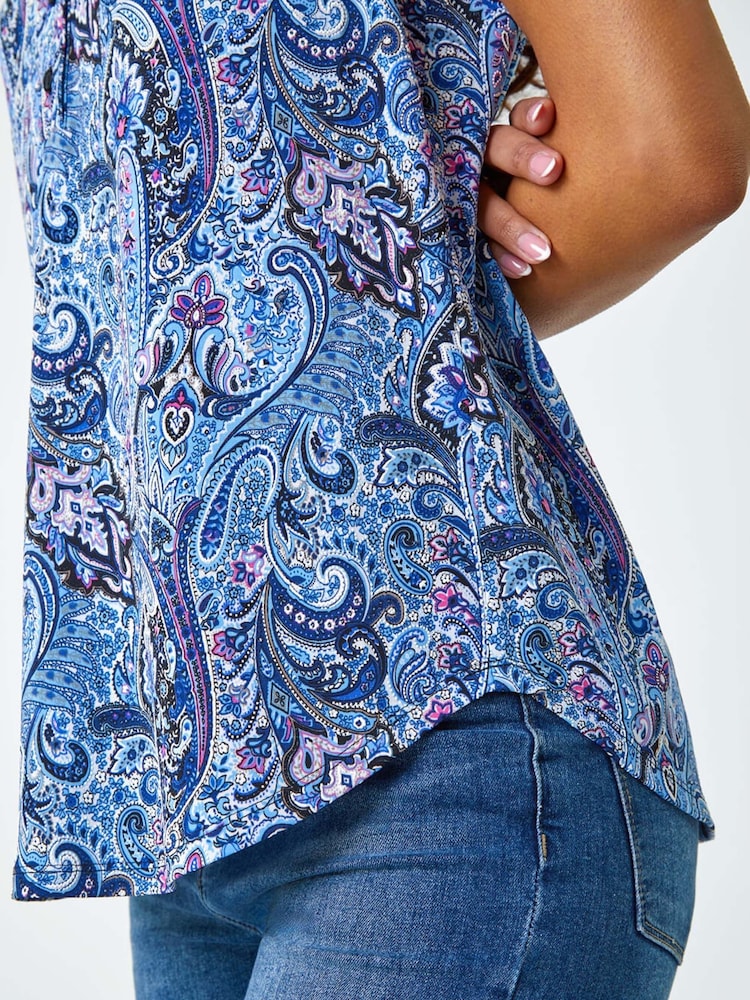 Roman Blue Paisley Print Sleeveless Stretch Blouse - Image 5 of 5