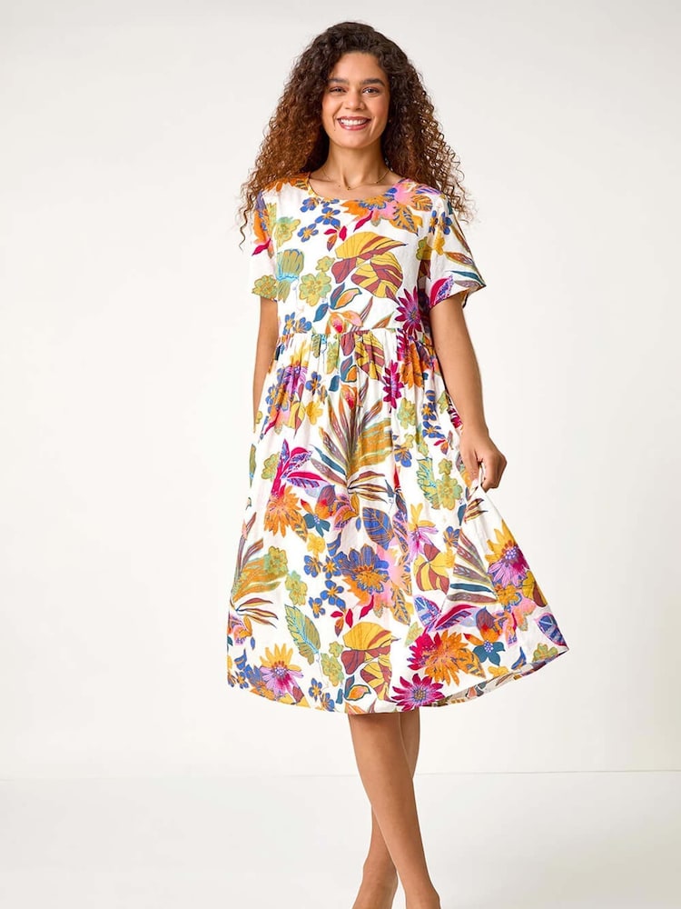 Roman Green Floral Print Cotton Midi Dress - Image 1 of 5