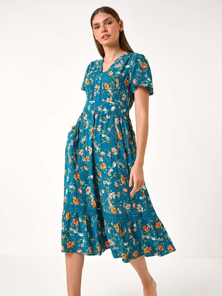 Roman Green Floral Print Lace Trim Pocket Midi Dress - Image 1 of 5
