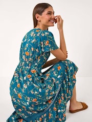 Roman Green Floral Print Lace Trim Pocket Midi Dress - Image 2 of 5