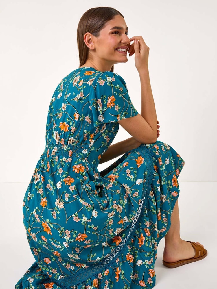Roman Green Floral Print Lace Trim Pocket Midi Dress - Image 2 of 5