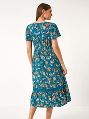 Roman Green Floral Print Lace Trim Pocket Midi Dress - Image 4 of 5