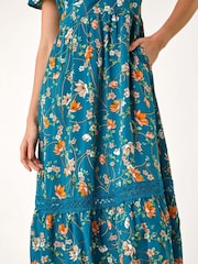 Roman Green Floral Print Lace Trim Pocket Midi Dress - Image 5 of 5