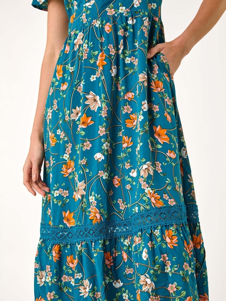 Roman Green Floral Print Lace Trim Pocket Midi Dress - Image 5 of 5