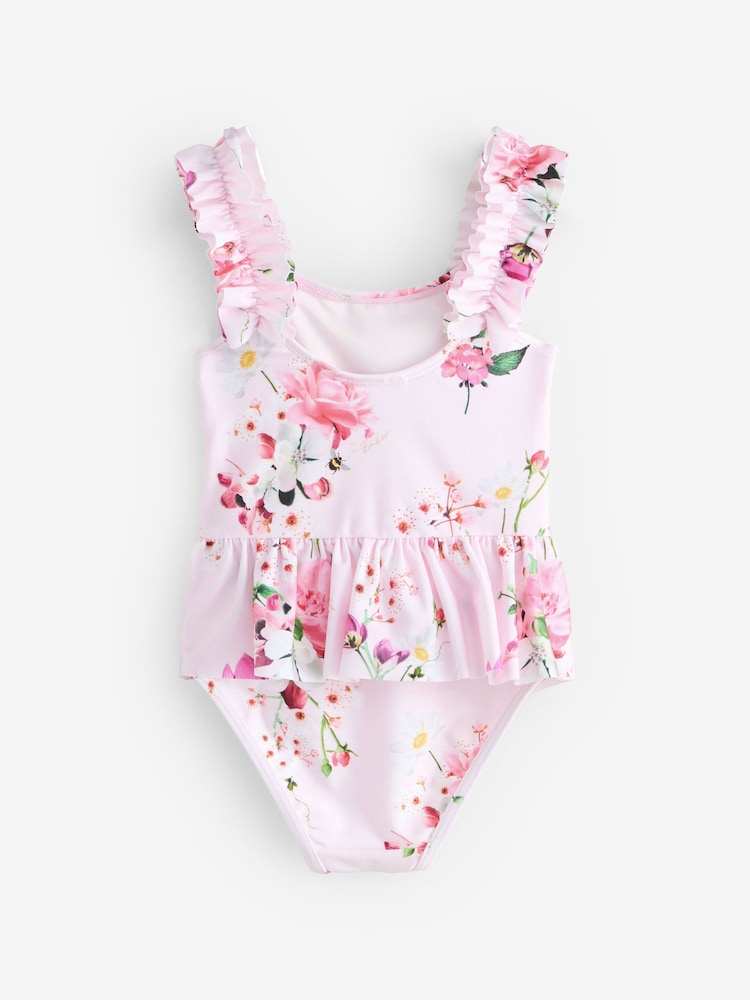 Baker by Ted Baker Pink Floral Frill Peplum Swimsuit - Image 2 of 6 Baker by Ted Baker Pink Floral Frill Peplum Swimsuit - Image 2 of 6