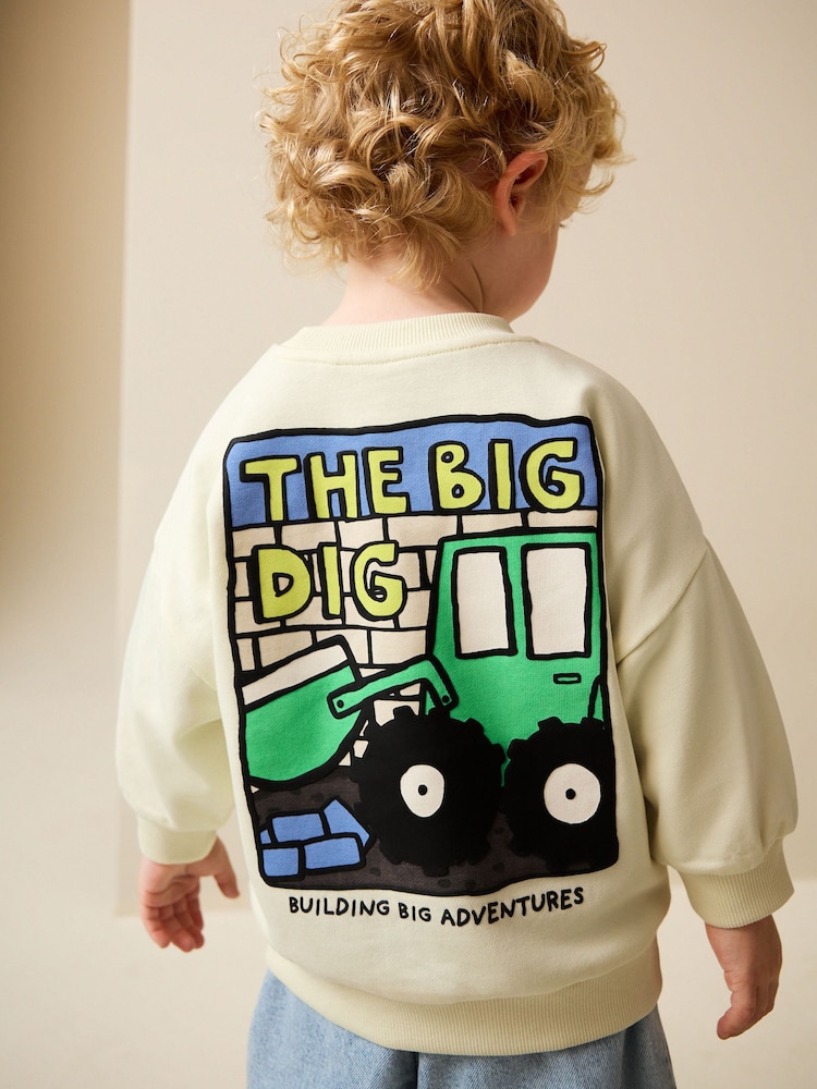 Buttermilk Yellow Digger Back Printed Crew Neck Jersey Sweatshirt (3mths-7yrs) - Image 1 of 7 Buttermilk Yellow Digger Back Printed Crew Neck Jersey Sweatshirt (3mths-7yrs) - Image 1 of 7