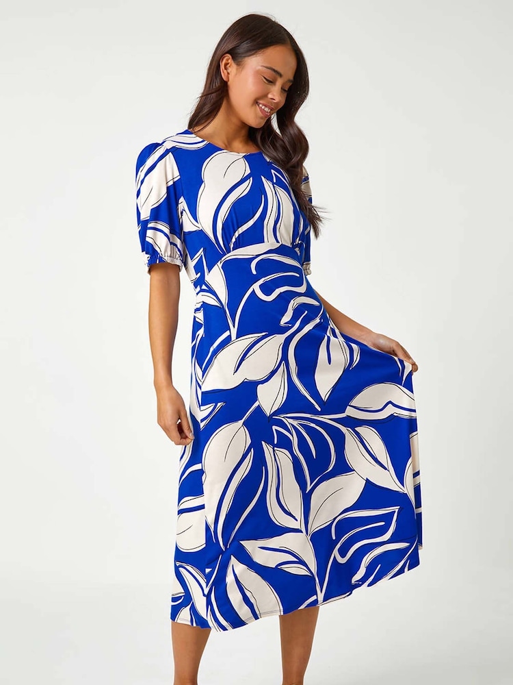 Roman Blue Petite Leaf Stretch Midi Dress - Image 1 of 5