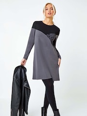Roman Petite Stretch Animal Print Colour Block Knit Dress - Imagen 3 de 5