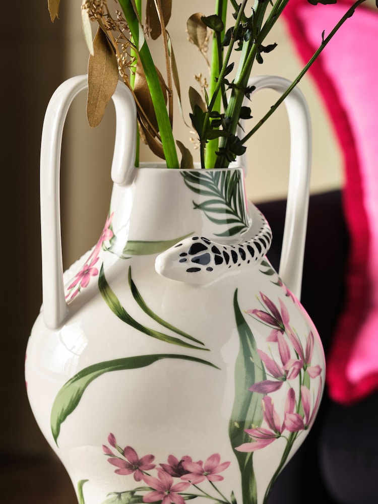 Multi Hand Painted Tropical Ceramic Vase with Handles - Image 2 of 3 Multi Hand Painted Tropical Ceramic Vase with Handles - Image 2 of 3