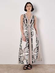 Apricot White Mirror Floral Print V-Neck Sleeveless Dress - Image 1 of 4