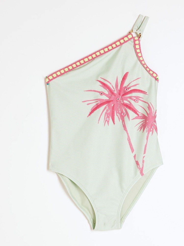 River Island Green Palm Placed Asymmetric Swimsuit - Image 1 of 4