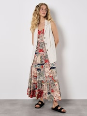 Apricot Orange Patchwork Floral Print Two Pocket Cami Dress - Image 1 of 5