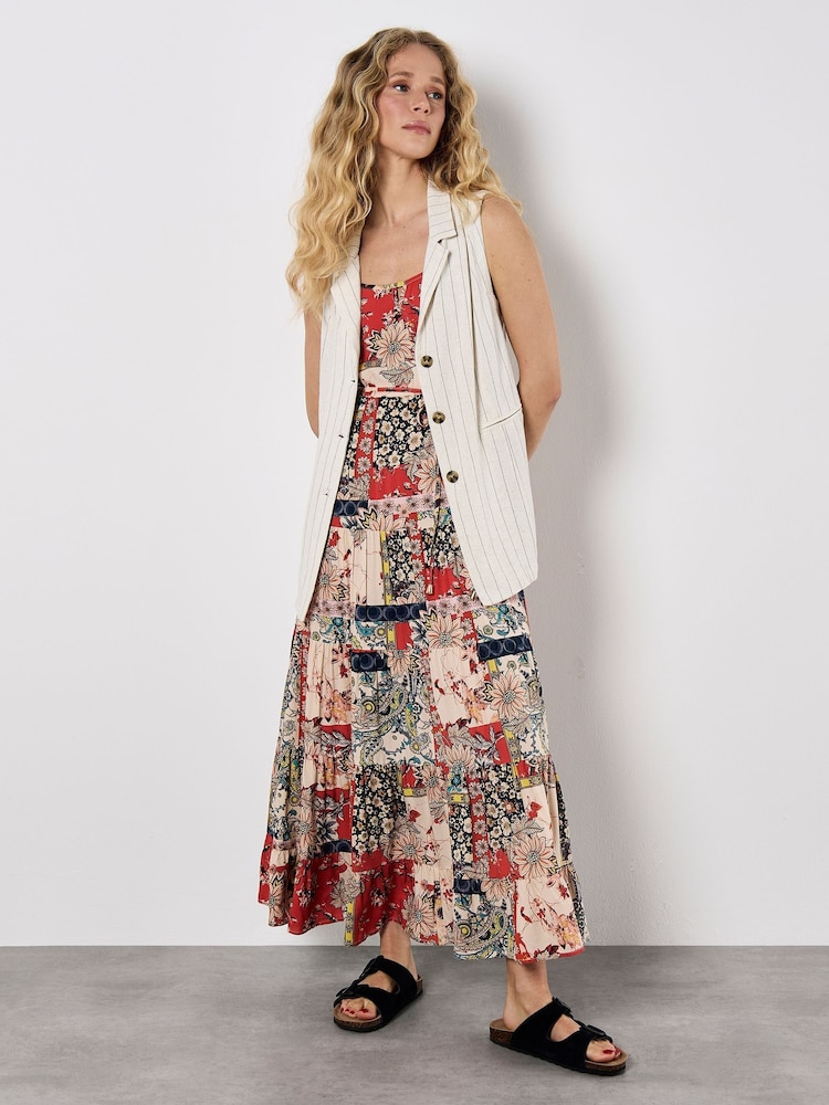 Apricot Orange Patchwork Floral Print Two Pocket Cami Dress - Image 1 of 5 Apricot Orange Patchwork Floral Print Two Pocket Cami Dress - Image 1 of 5