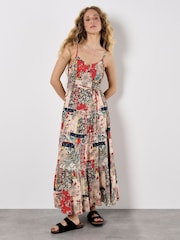 Apricot Orange Patchwork Floral Print Two Pocket Cami Dress - Image 2 of 5