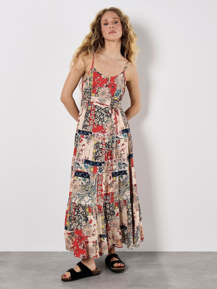 Apricot Orange Patchwork Floral Print Two Pocket Cami Dress - Image 2 of 5