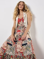 Apricot Orange Patchwork Floral Print Two Pocket Cami Dress - Image 5 of 5