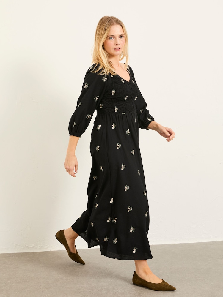 FatFace Adele Black Embroidered Midi Dress - Image 1 of 5