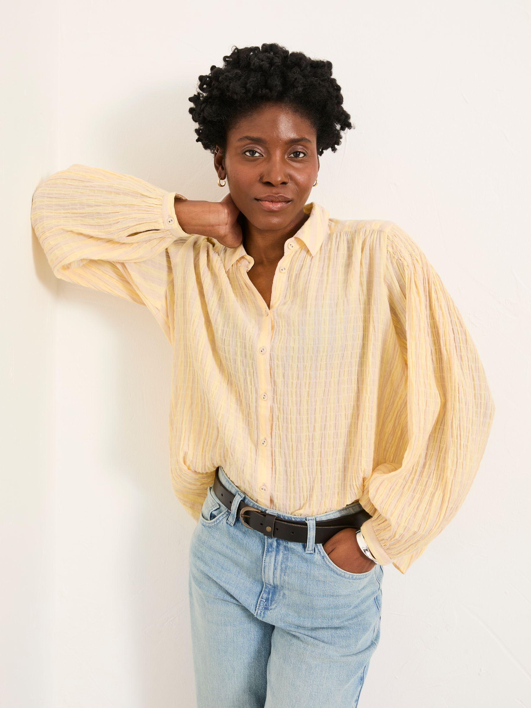 Fat Face Women's Blouse - Yellow - Cotton Blend - Crinkle Texture