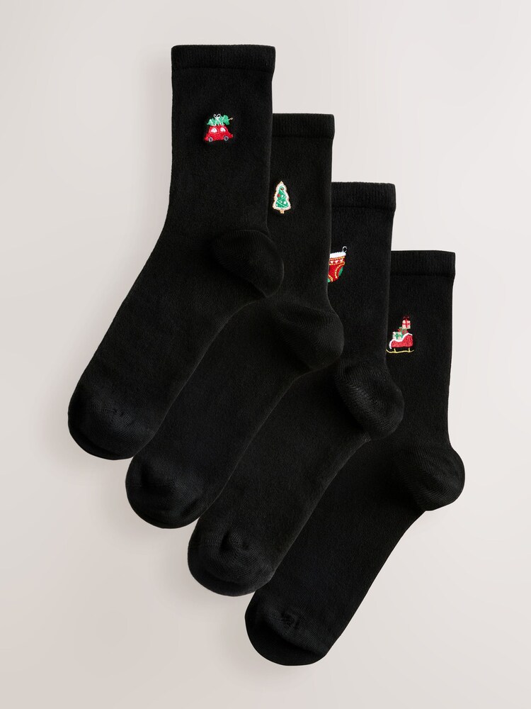 Christmas Icons Embroidered Motif Ankle Socks 4 Pack - Image 1 of 7
