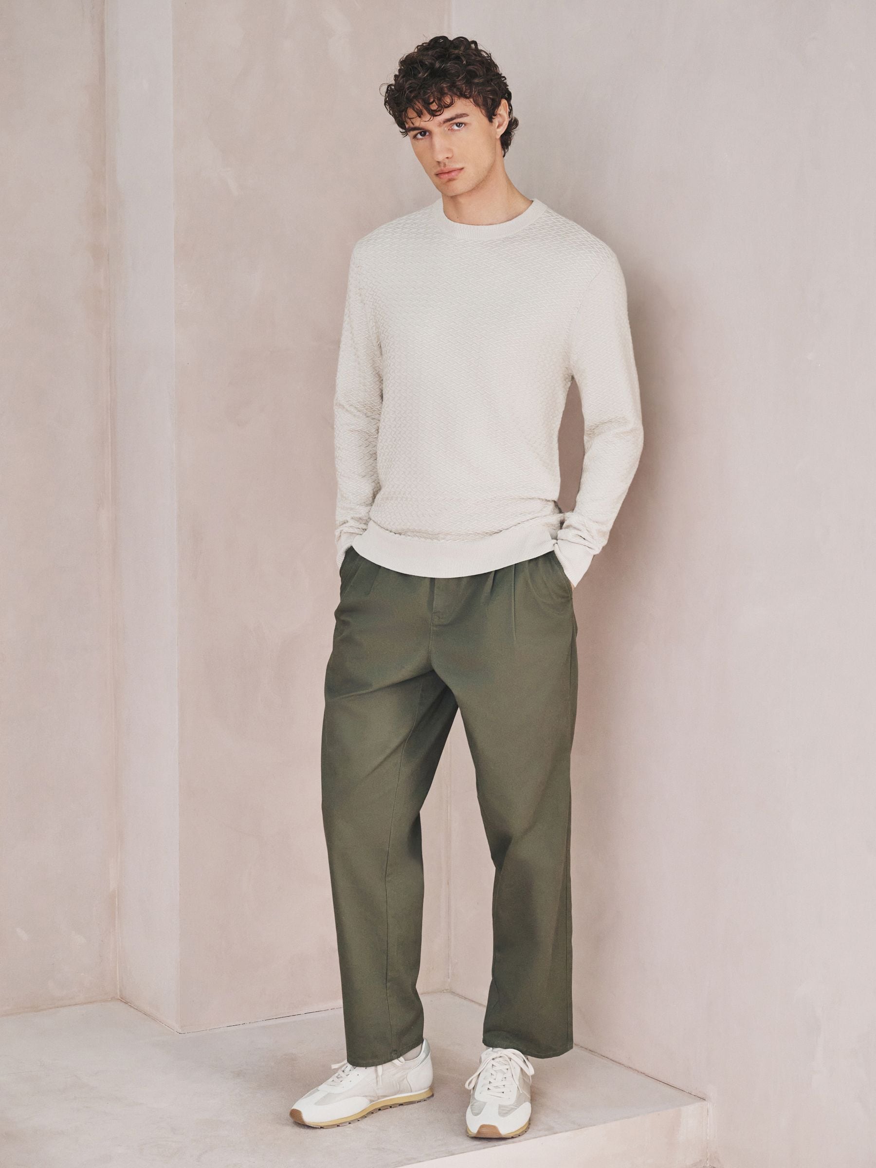 Buy Neutral Slim Fit Cotton Rich Textured Stitch Crew Neck Jumper