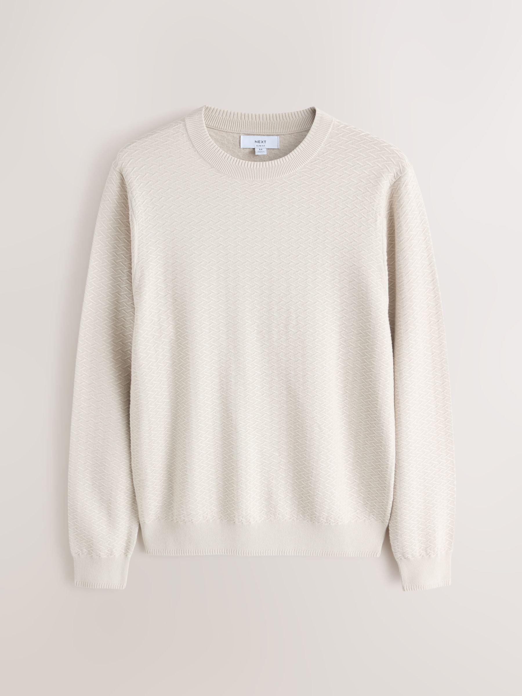 Buy Neutral Slim Fit Cotton Rich Textured Stitch Crew Neck Jumper