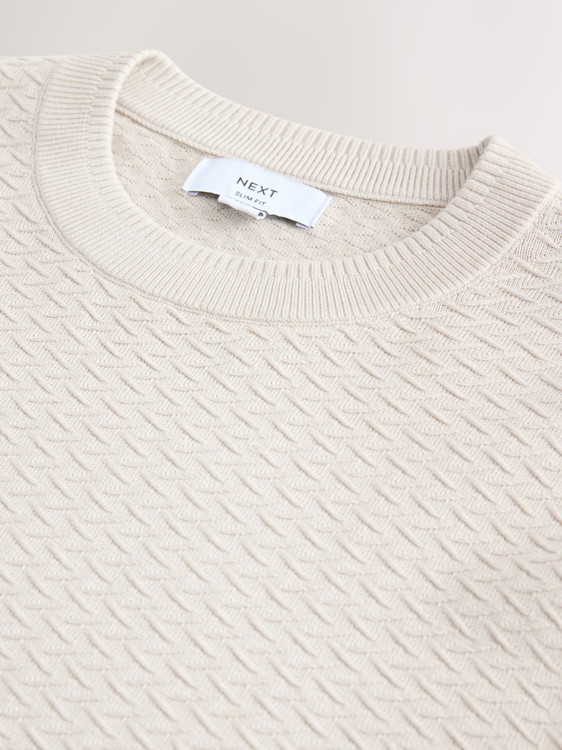 Buy Neutral Slim Fit Cotton Rich Textured Stitch Crew Neck Jumper