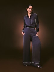 Nothing Ordinary Navy Contrast Stitch Satin Shirt - Image 9 of 11