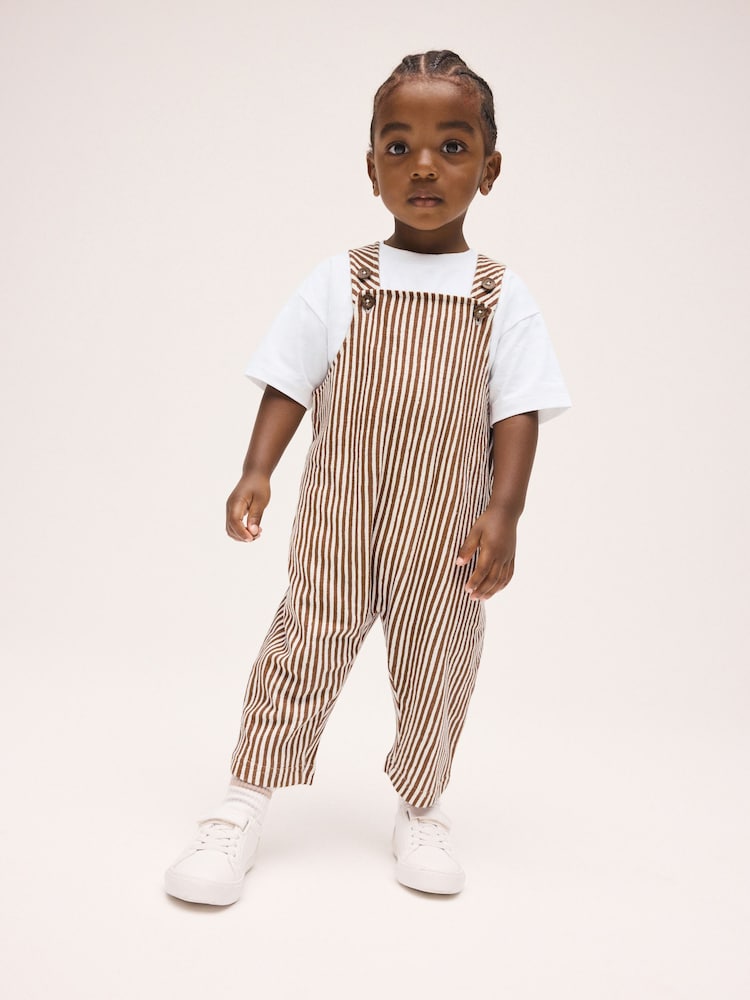 Brown and Off White Stripe Dungarees and T-Shirt Set (3mths-7yrs) - Image 1 of 9