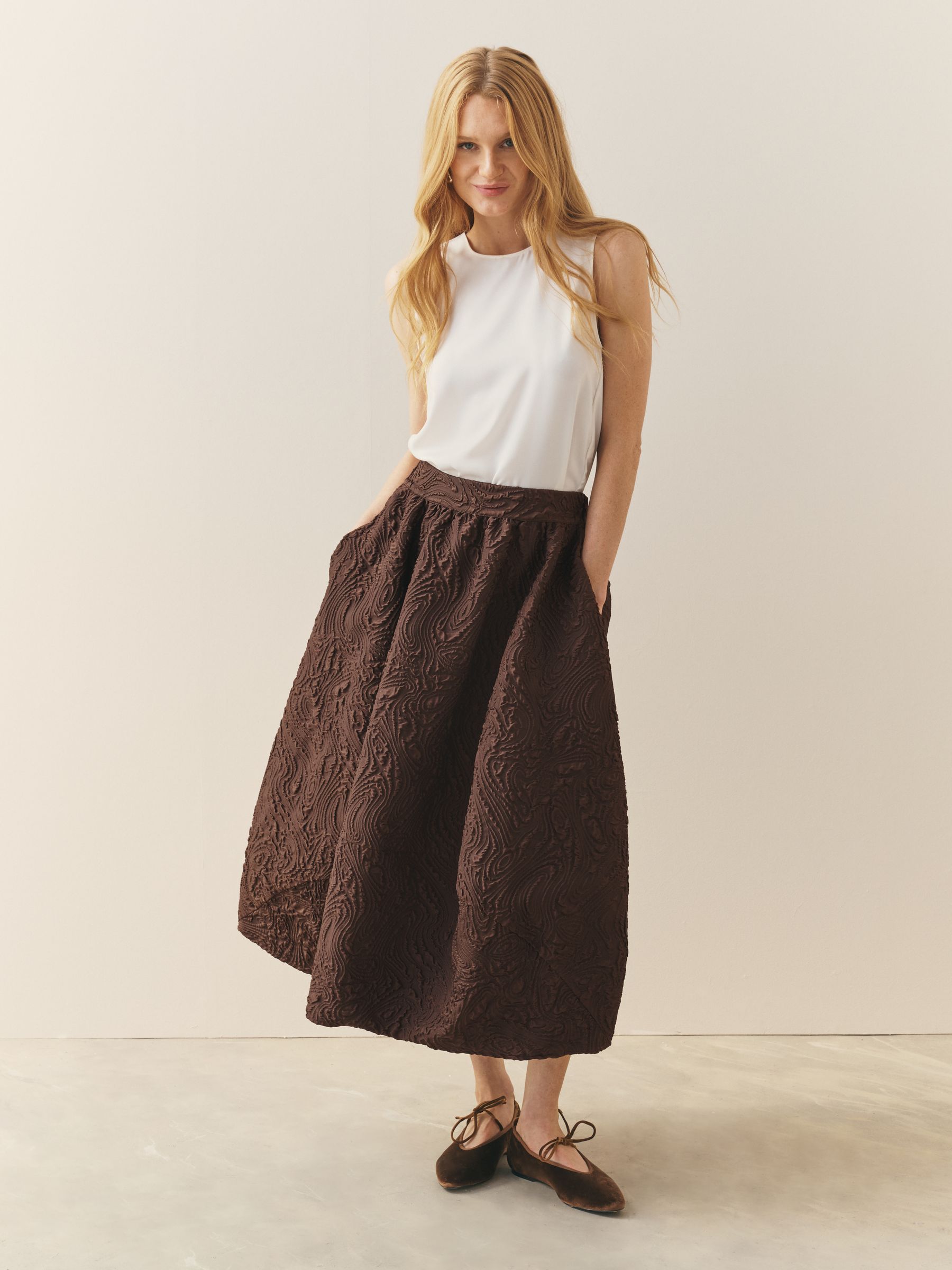 Buy Nothing Ordinary Chocolate Brown Volume Jacquard Midi Skirt From buy-nothing-ordinary-chocolate-brown-volume-jacquard-midi-skirt-from