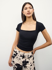 Black Soft Touch Square Neck Short Sleeve Top - Image 1 of 4