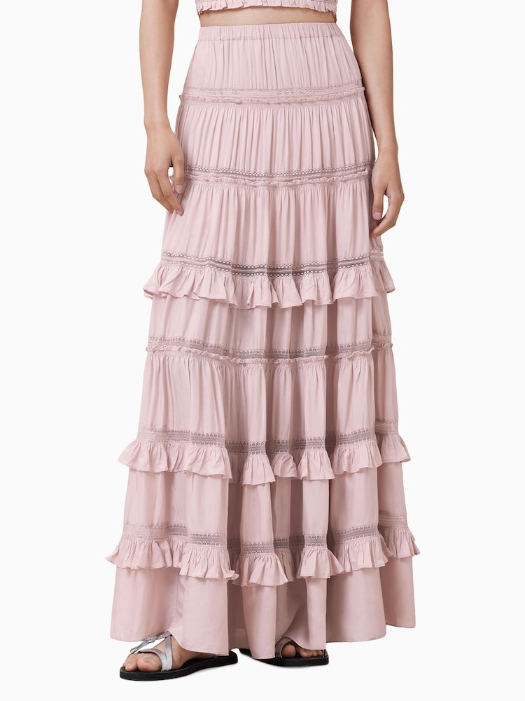 AllSaints Pink Talia Tiered Maxi Skirt - Image 2 of 9