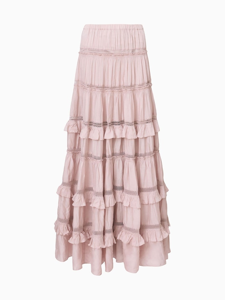 AllSaints Pink Talia Tiered Maxi Skirt - Image 9 of 9