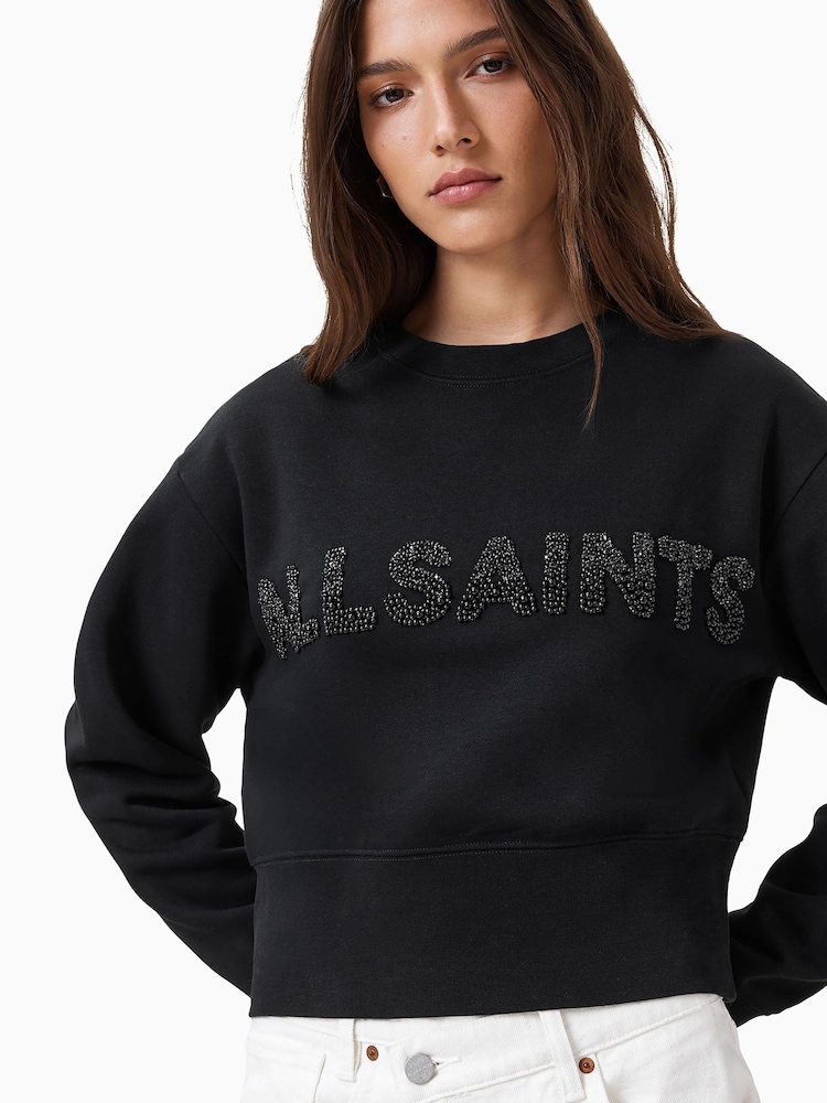 AllSaints Black Pearl Separo Sequin Cropped Sweatshirt - Image 1 of 6