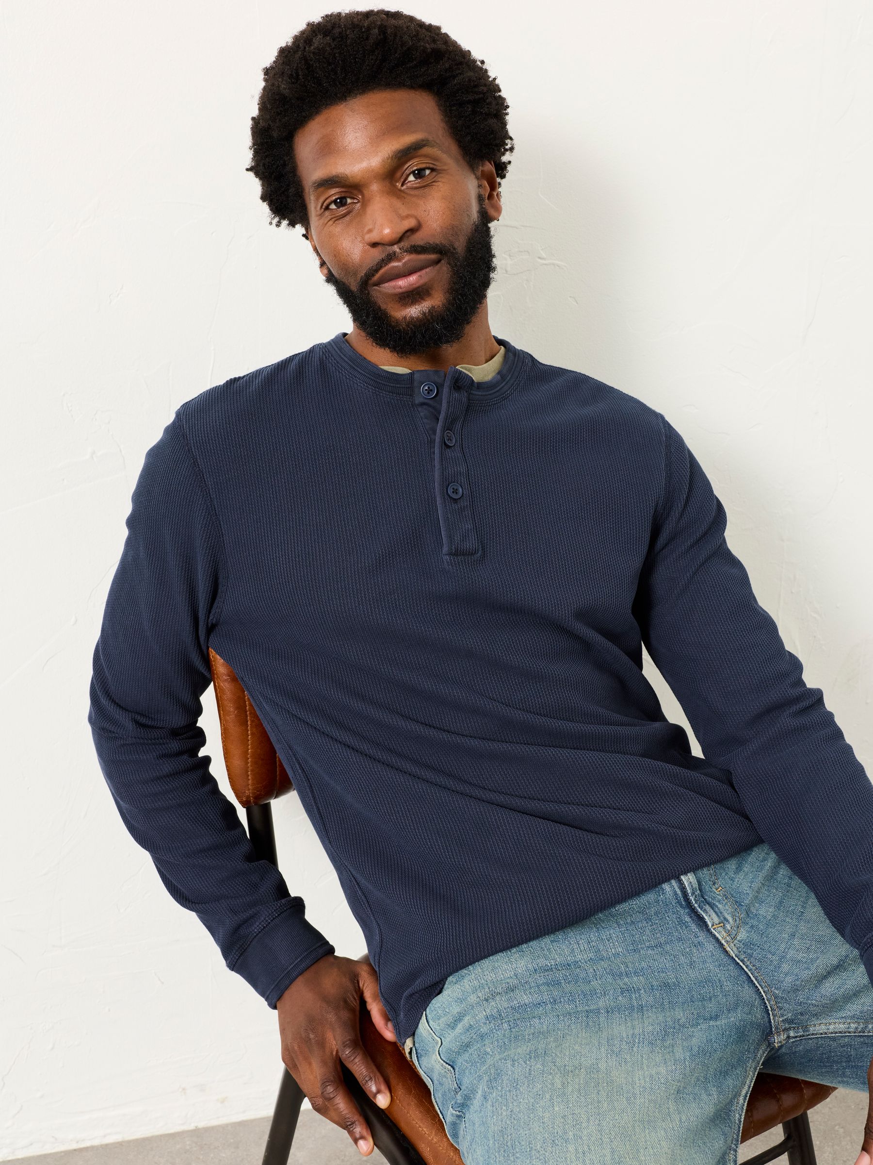 Buy FatFace Wells Navy Long Sleeve Texture Henley from the Next UK