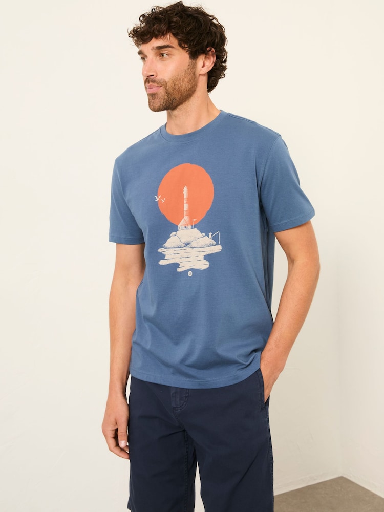FatFace Blue Denim Lighthouse Graphic T-Shirt - Image 1 of 6 FatFace Blue Denim Lighthouse Graphic T-Shirt - Image 1 of 6
