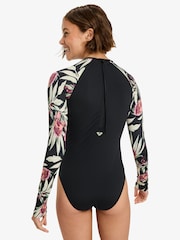 Roxy Cream Floral Print Basic Mix Long Sleeve Logo Swimsuit - Image 2 of 6
