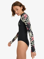 Roxy Cream Floral Print Basic Mix Long Sleeve Logo Swimsuit - Image 4 of 6