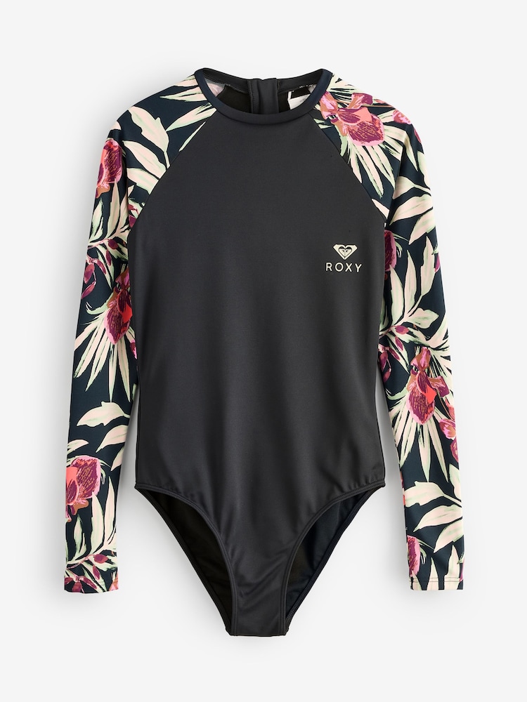 Roxy Cream Floral Print Basic Mix Long Sleeve Logo Swimsuit - Image 6 of 6