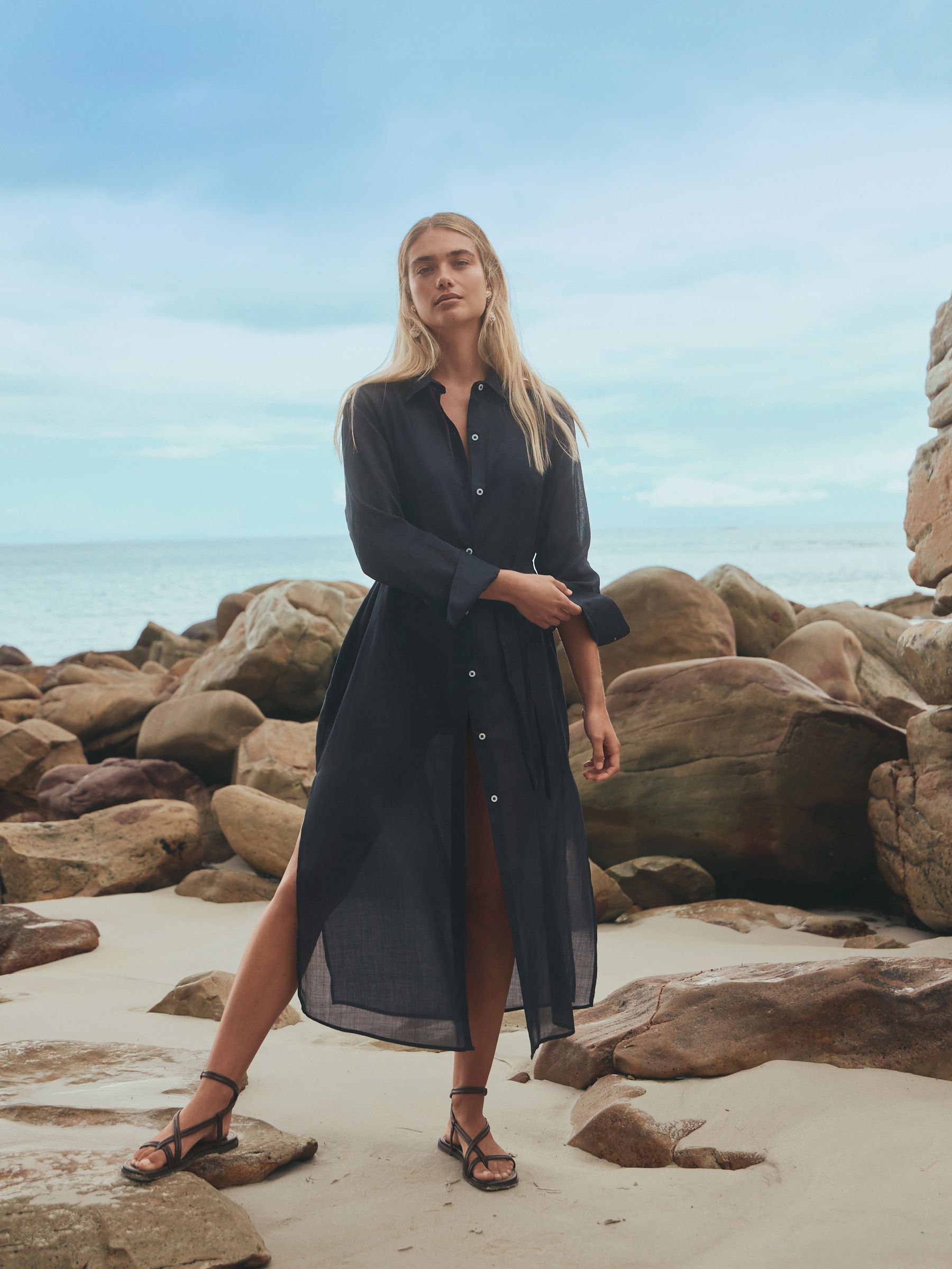 navy midi shirt dress Yumi Stripe Print Relaxed With Belt Details Model is wearing a small self/lining Boden Women's Alexa Cotton Midi
