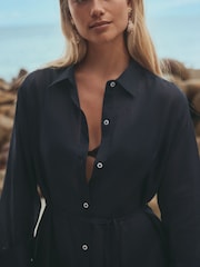 Navy Midi Length Shirt Dress With Ramie - Image 5 of 8