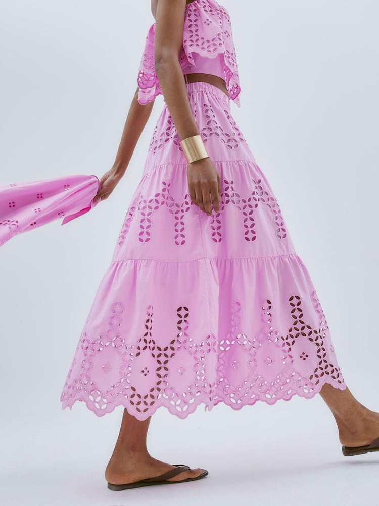 River Island Pink Broderie Cutwork Maxi Skirt - Image 2 of 4 River Island Pink Broderie Cutwork Maxi Skirt - Image 2 of 4