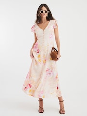 River Island Pink Angel Sleeve Floral Print Midi Dress - Image 1 of 4